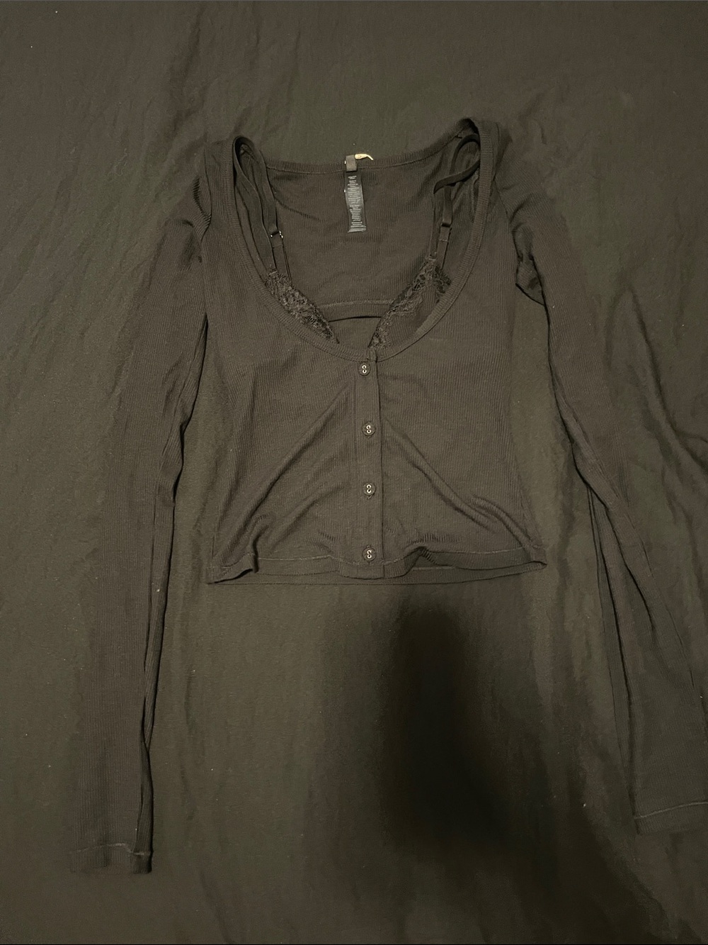 Black soft lounge lace long sleeve button up